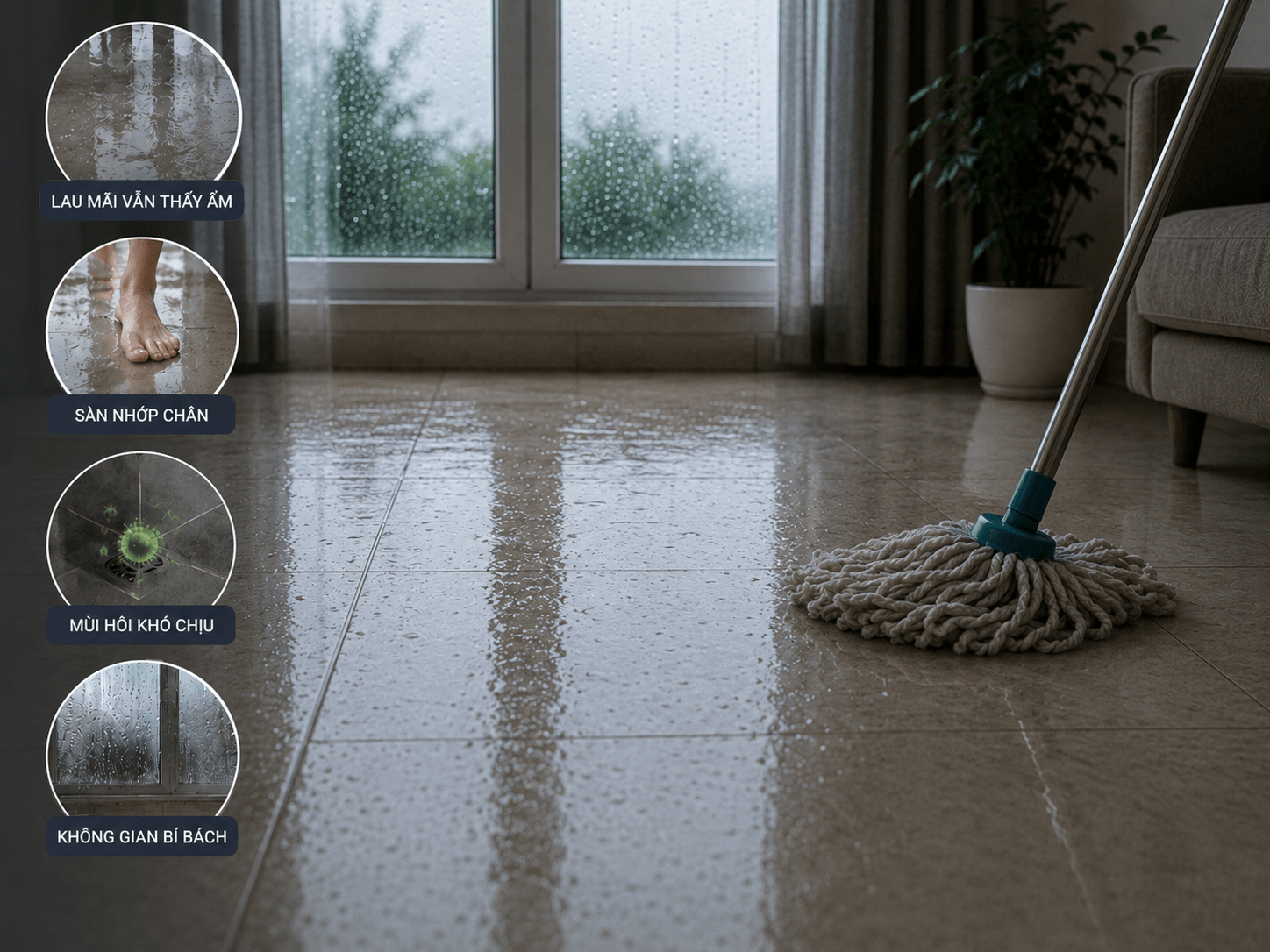 5 MẸO GIỮ SÀN LUÔN SẠCH MÙA MƯA - GIẢI PHÁP LAU NHÀ NHÀN TÊNH CHO MỌI GIA ĐÌNH 3 Nhà nồm ẩm lau mãi không sạch