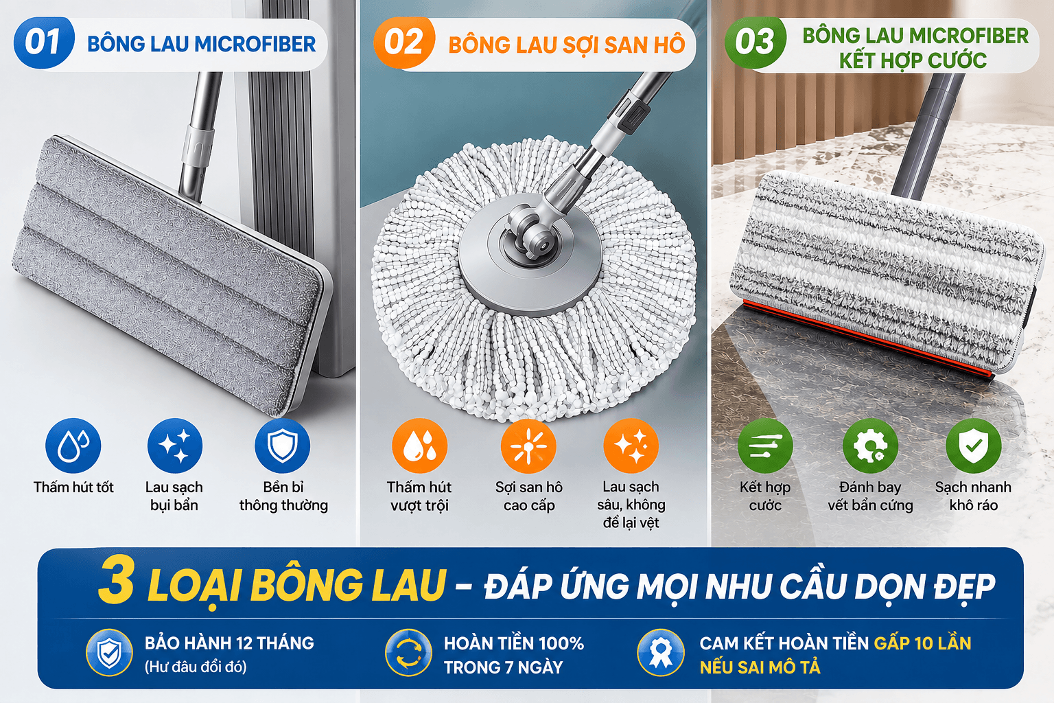 Chọn bộ lau nhà thông minh theo chất liệu bông
