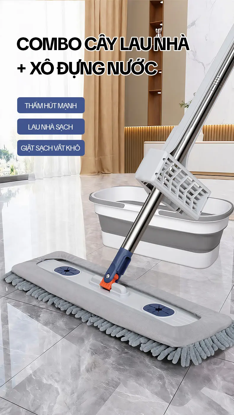 Combo Cây Lau Nhà Tự Vắt Bông San Hô 45cm KITIMOP CORAL KTMC-01 + Xô Gấp Gọn TANK-01 14 combo cây lau san hô và xô gấp gọn
